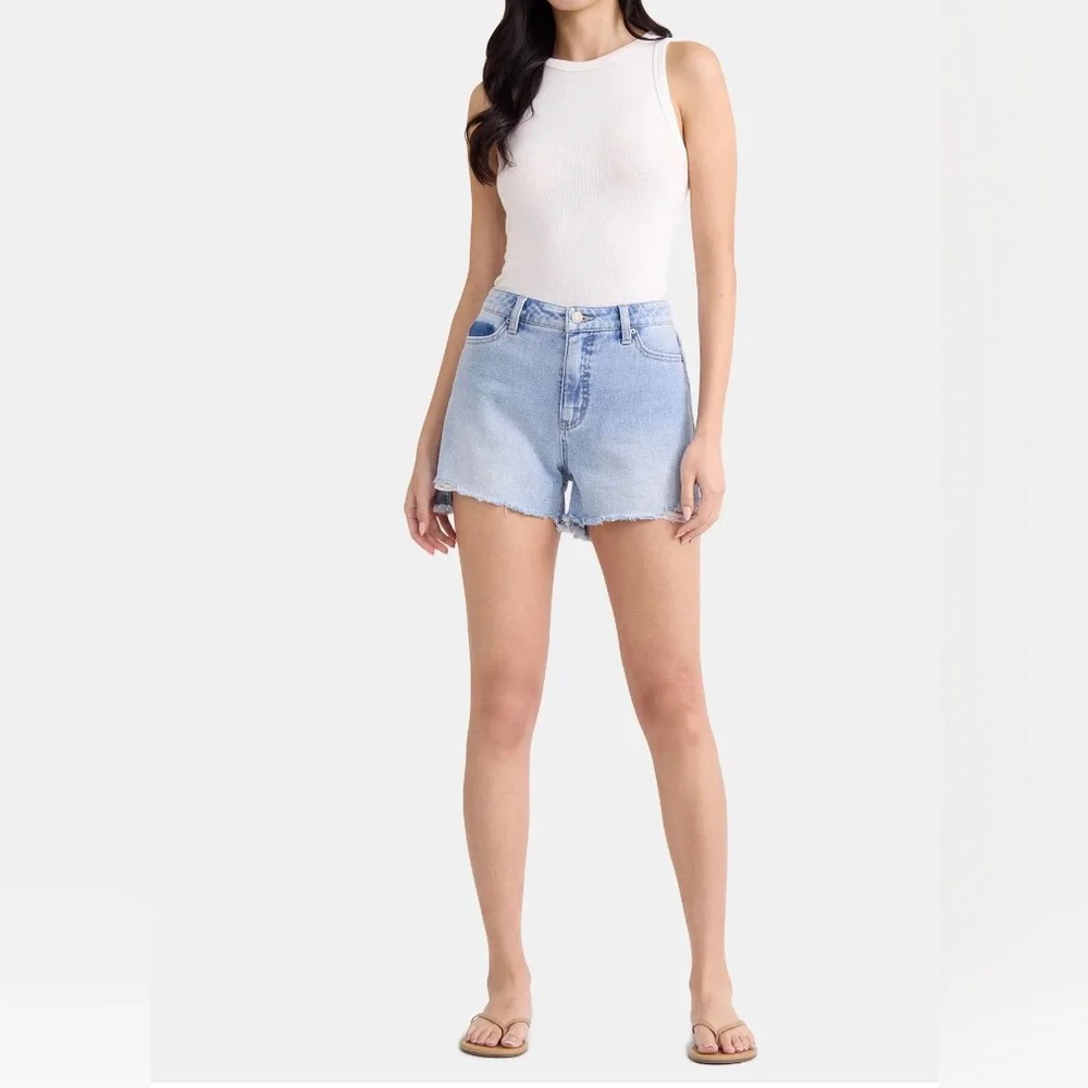 Women's Destructed Hem High Rise Denim Shorts, 4" Inseam - Picture 2 of 4